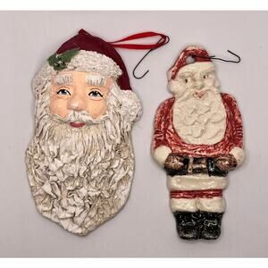 Christmas Lot of 2 Ornaments, Santa Clause, Ceramic, Paper Mache (?), Hook, VTG